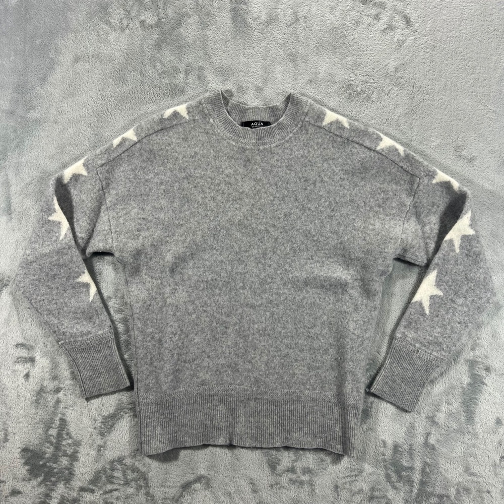 AQUA 100 Cashmere Sweater Womens XS Gray Star Shoulder Crewneck Pullover Cozy